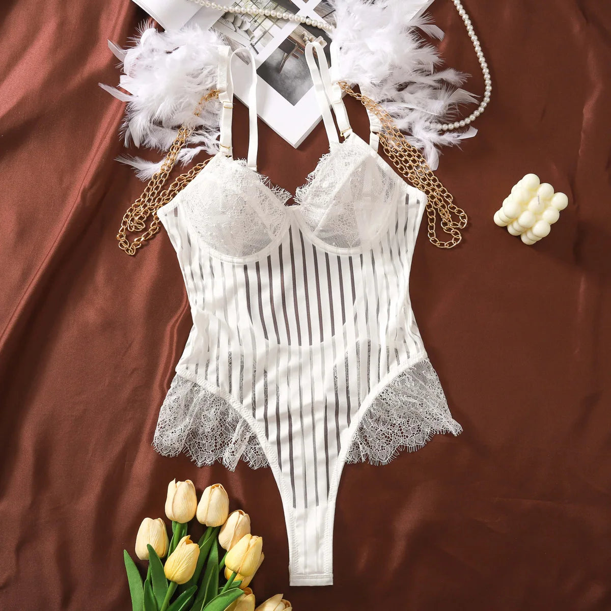 Fashionable New Sexy Lace Spliced Flower Embroidery Mesh Backless Deep V Suspenders Sleeveless Bodysuits Charming Casual H2F1