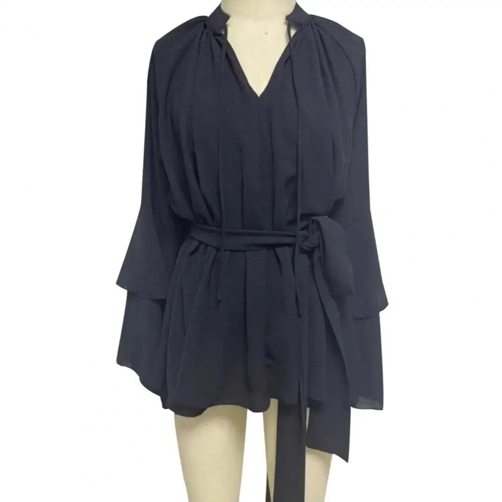 Mini Dress with Belt Summer Ruffle Long Sleeve Dress for Women Casual V Neck A-line Swing Dresses Irregular Vacation Dress