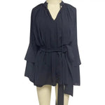 Mini Dress with Belt Summer Ruffle Long Sleeve Dress for Women Casual V Neck A-line Swing Dresses Irregular Vacation Dress