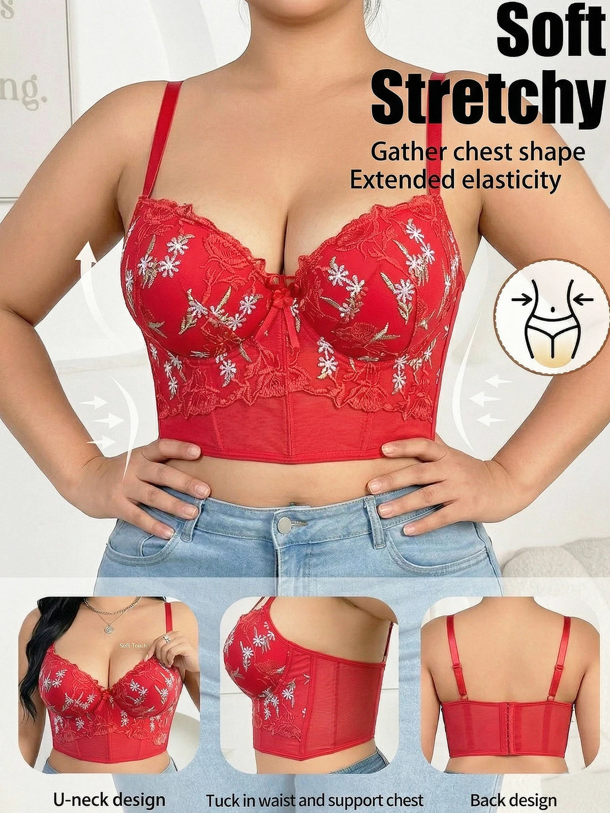 Plus Size Floral Embroidered Lace Bustier Bra – Push Up, Tummy Control & Non-Slip Corset Top