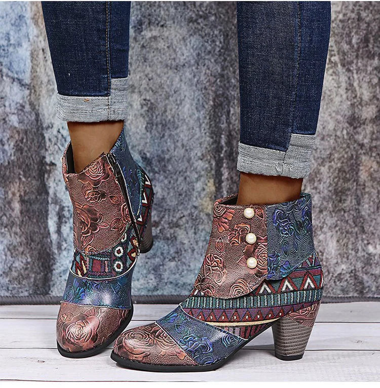 Ankle Boots Women Autumn PU Women's Shoes Ethnic Waterproof Casual Vintage Shoes Zipper High Heel Short Boots Botas Mujer