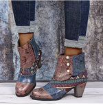 Ankle Boots Women Autumn PU Women's Shoes Ethnic Waterproof Casual Vintage Shoes Zipper High Heel Short Boots Botas Mujer