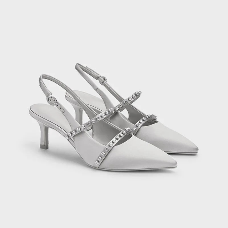 Elegant Pointed Toe Silver Nude Black Satin Slingback Pumps Sexy Thin Stiletto High Heel Wedding Bridal Date Party Summer Shoes