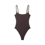 Black And Brown Spaghetti Strap Bodysuits With Rose Gold Button Decor Elegant Slim Fit Shapewear For Women Nightclub Wear 4UMT
