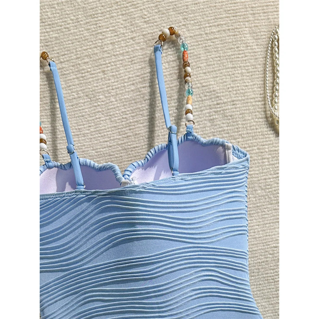 Wrinkled Underwired Colorful Beads Women Swimwear One Piece Swimsuit Female High Leg Cut Monokini Bather Bathing Suit Swim V8301