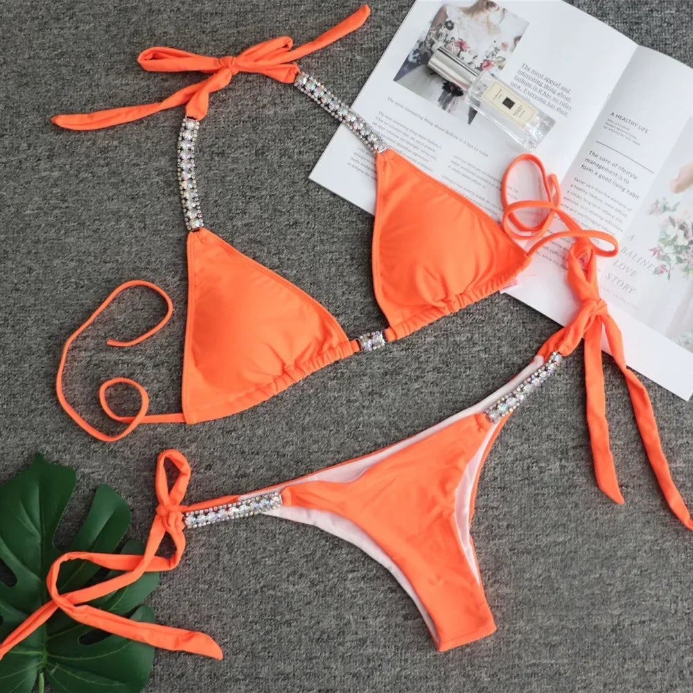 Luxury Rhinestone Bikini Women 2025 Sexy Orange Yellow Crystal Diamond Push Up Thong Swimsuit Beach Bathing Suit Tanga Swimwear