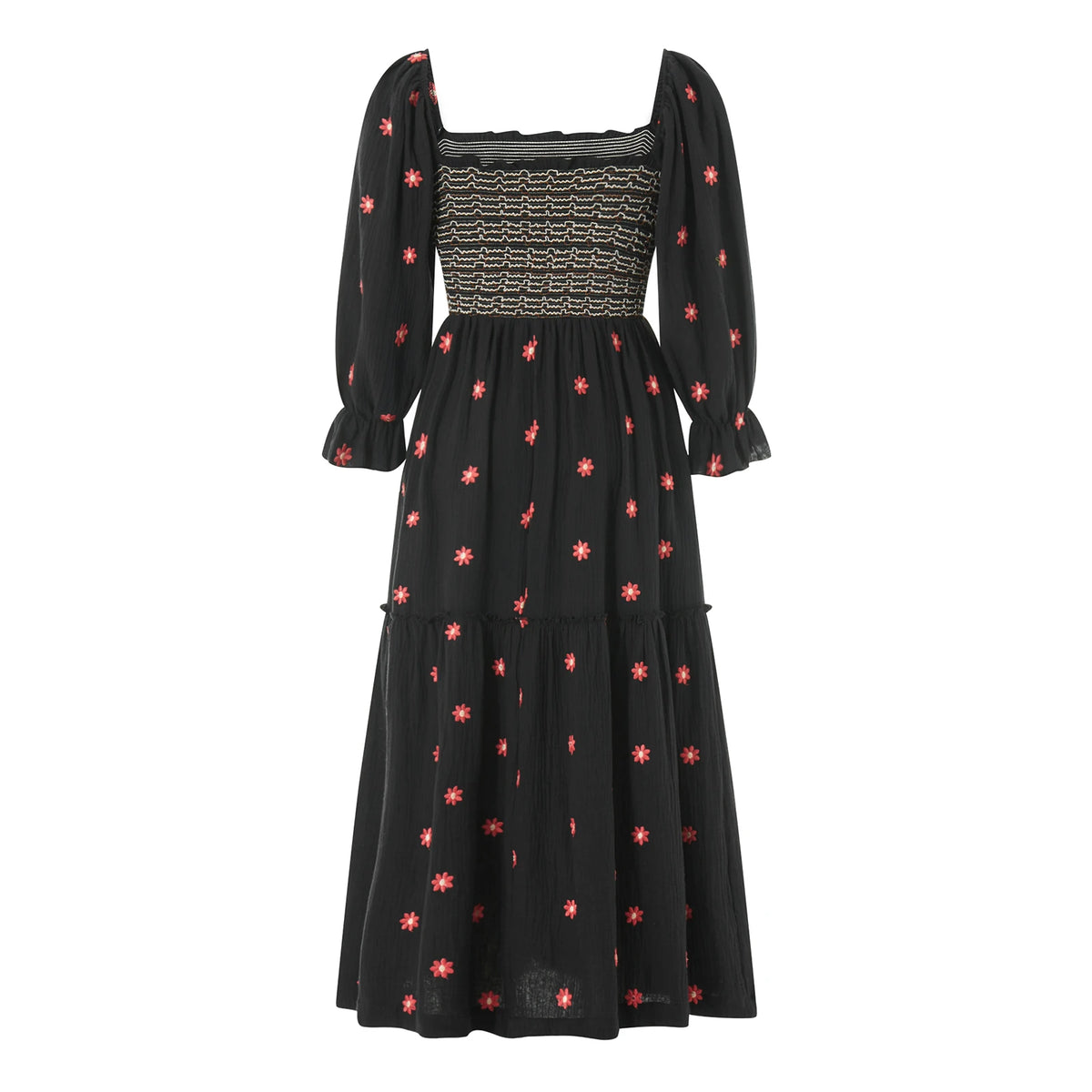 Women Spring Fall Long Dress Long Sleeve Dress Square Neck Embroidery Flower Loose Swing Dress Wit Pocket