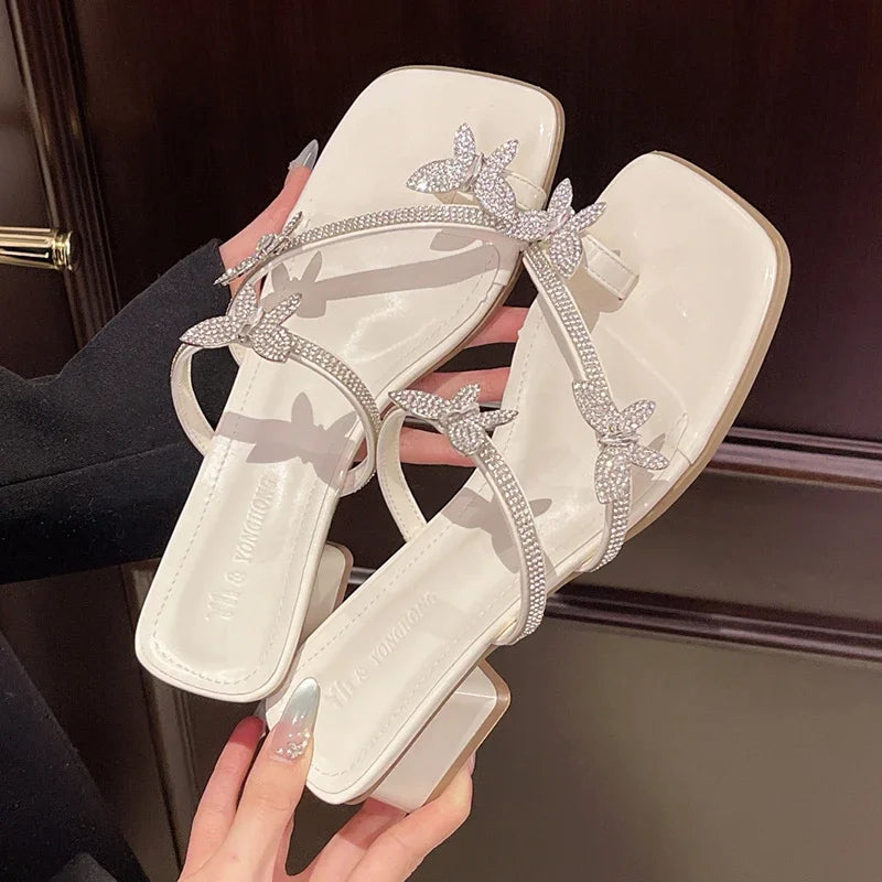 2025 Fashion Silver Crystal Sandals Women Rhinestone Butterfly Thick Heel Sandles Woman Summer Med Heeled Party Shoes Female