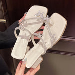 2025 Fashion Silver Crystal Sandals Women Rhinestone Butterfly Thick Heel Sandles Woman Summer Med Heeled Party Shoes Female