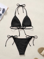 Women Bikini Set Solid Color Triangle Halter Neck Tie Side Two Piece Swimsuit Adjustable String Swimwear for Beach Vacation
