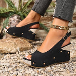 Summer Women's Wedge Sandals Espadrille Open Toe Platform Sandals Casual Slip-On Beach Mules With Rivet Decor