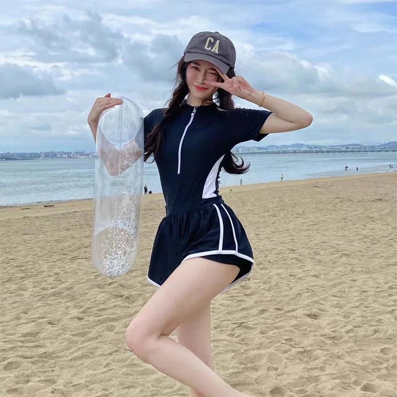 New Women's Swimsuit, One-piece Coverage Slimming EffectConservative Sports Style Hot Spring Flat Leg Pants Swimsuit Plus Size