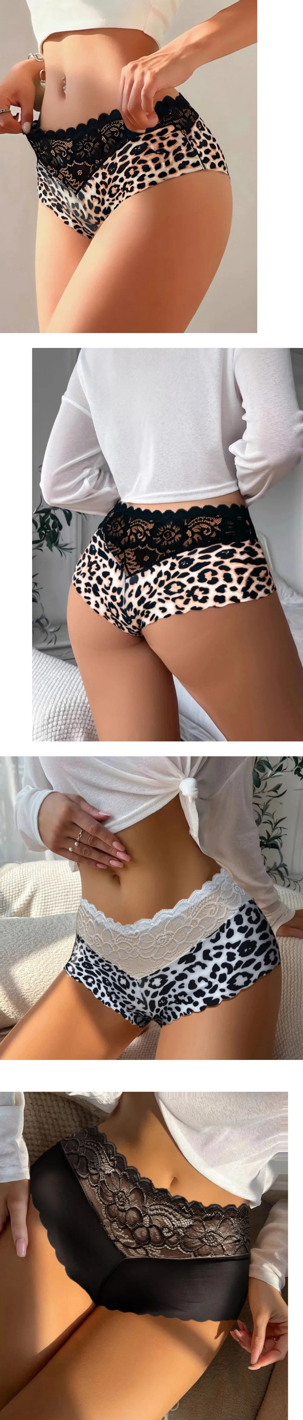 Women's Lace Panties Stretchy Comfortable Underwear Sexy Leopard Lace Contrast Fashion Ladies Underpants Seamless Safe Shorts XL