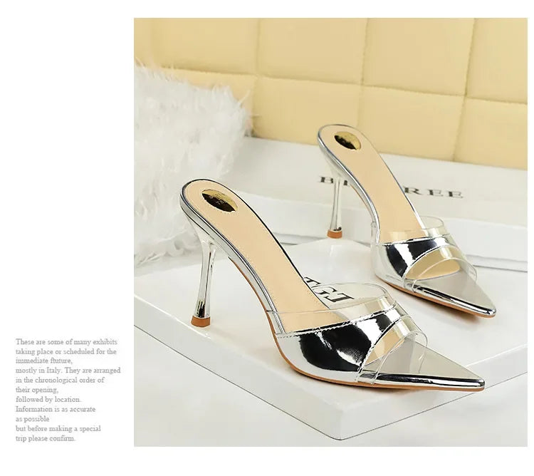 BIGTREE Shoes Women PVC Transparent Shoes for Women Sexy Pointed Open Toe Shallow Slider Slippers Ladies Sandal High Heels Mules