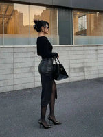 Sexy One Step Split PU Leather Half Skirt For Women's New High Waisted Slim Streetwear Black PU Fashion Womne Mini DressYTM8