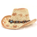 Women Cowboy Hat Creative Curled Straw Hollow Design Ethnic Style Beads Chain Decoration Shade Straw Hat Summer Sun Cap
