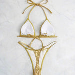 Sexy Metallic Gold Glitter Halter Bikinis Sets Two Pieces 2024 Women Thong Bandage Swimsuit Female Bathing Suit Swimwear Biquini