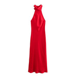 Elegant Solid Color Satin Halter Lace Up Long Dress Sexy Off Shoulder Backless Sleeveless Bodycon Dresses New Lady Party Robe