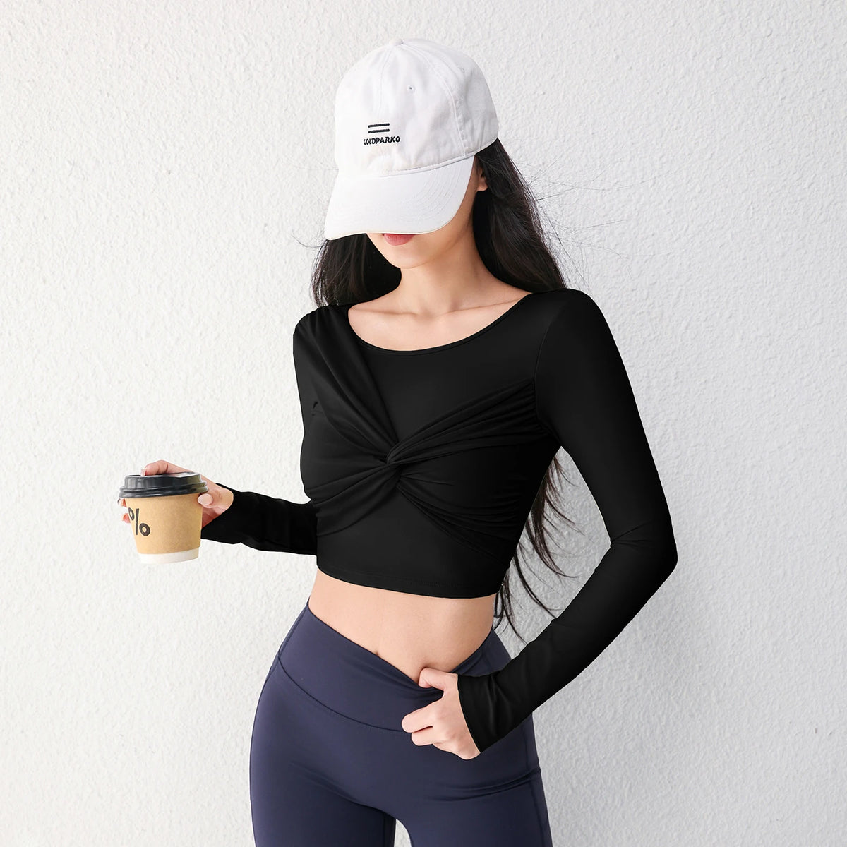 Women Twist Front Cutout Back Long Sleeve Yoga Tops Padded Sports Crop Top Slim Fitness Running Workout Athletic Shirts