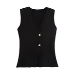 Foridol Gold Button Knitted Tank Top Women Autumn Winter Burgundy Short Vest Sleeveless V Neck Chic New Fashion Tops
