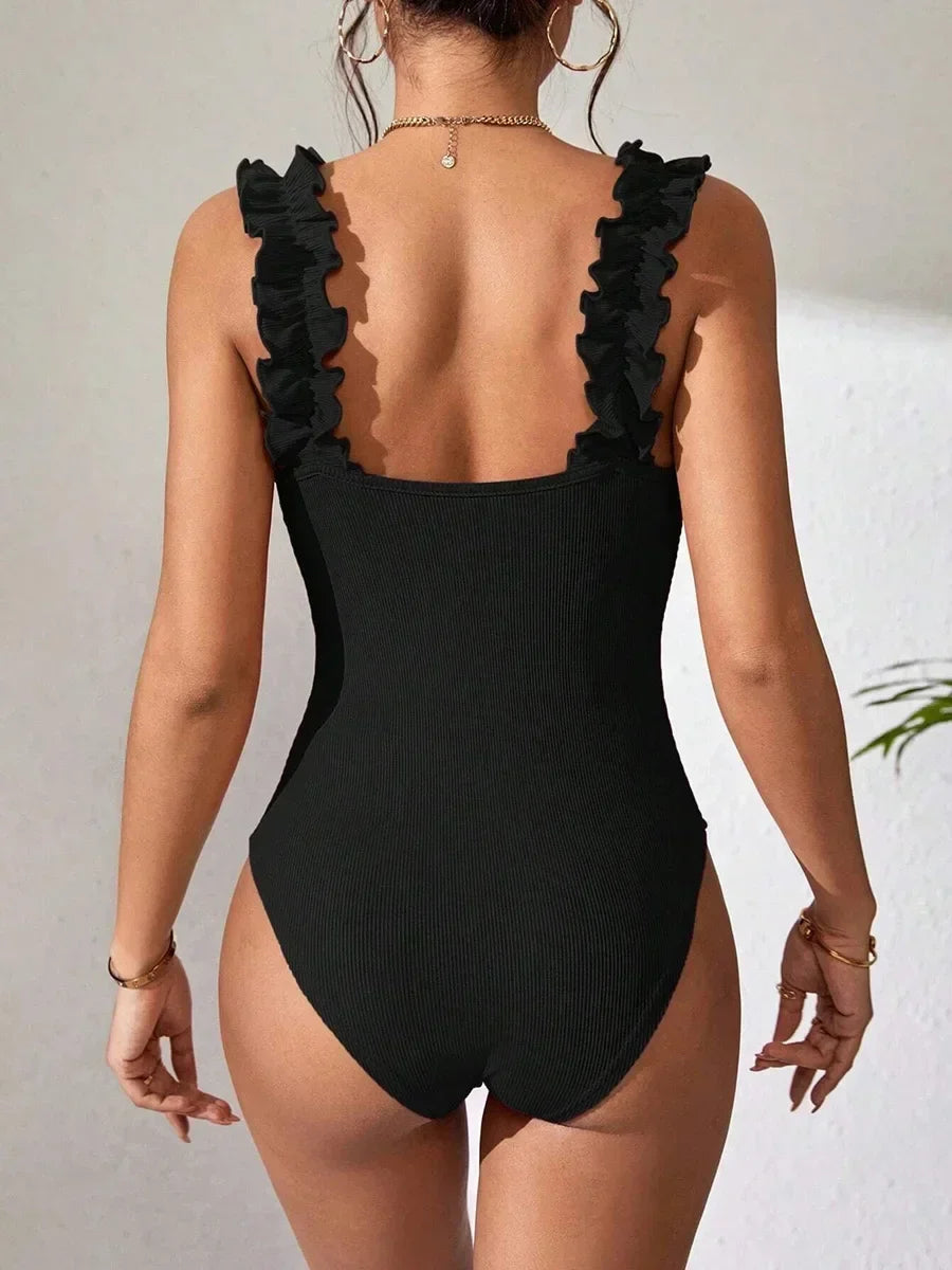 Sexy White Frill Trim Ruffled Ribbed Female Swimwear One Piece Swimsuit Women Monokini High Cut Bather Bathing Suit Swim Lady