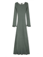 Women's Autumn Winter Knitted Bodycon Dress Long Sleeve Tie Backless Round Neck Solid Color Ruffle Trim Long Dress Beachwear