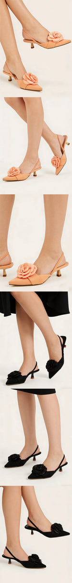 2026 Big Size 43 Summer Women's Pointy Toe Kitten Heels Slingback Satin Sandals Elegant Sandal Rose Flower Office Lady Shoes