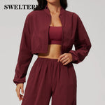 Women Loose Short Yoga Jacket Sun Protection Outdoor Fitness Coat Female Casual Long Sleeve Sports Shirts Gym Workout Jacket