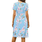 Women Dress Short Sleeve V-Neck Flowy Dress Casual Pleated A-line Swing Dress with Pockets Summer Beach Sundress