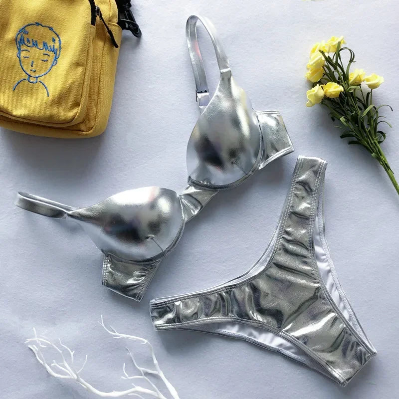 Shiny PU Faux Leather Bikini Women Swimsuit Female Swimwear Two-pieces Bikini Set Underwired Bra Cup Bikinis Bathing Suit Swim