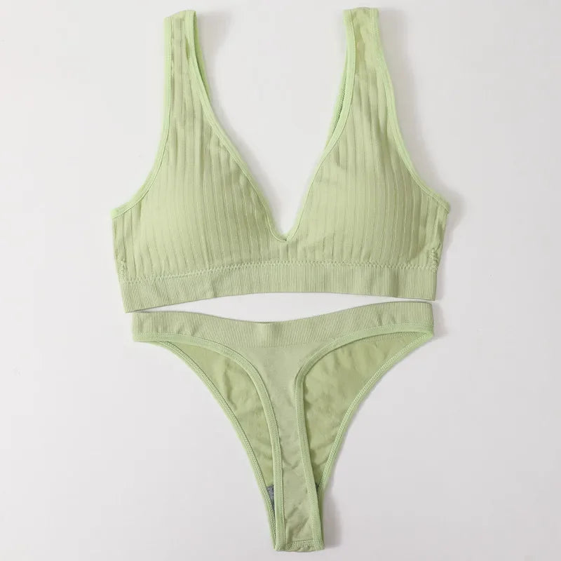 Women Seamless Bra And Panties Set Push Up Bras High Leg Cut Thongs Sport Wireless Brassiere Sexy Lingerie Ribbed Underwear