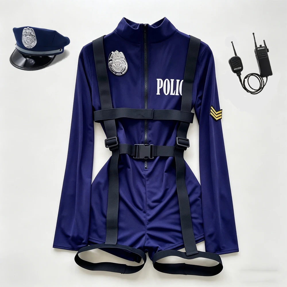Women Police Cosplay Costumes Long Sleeve Zipper Romper with Harness Belt Halloween Role Play Outfit for Carnival Themed Events