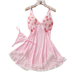 Pink Lips Lingerie Kawaii Intimate Dress Women Lace Nightdress Sleepwear Soft Pajamas With Thongs