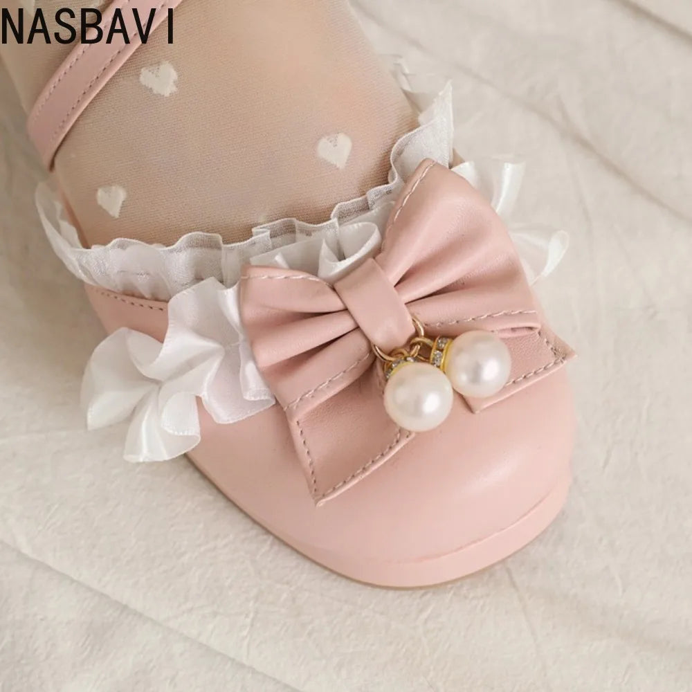 Women's Summer White Buckle Strap Sandals Pink Bowknot Pearls Cross Strap Shoes Black Ruffles High Heels Lady Lolita Party Shoes