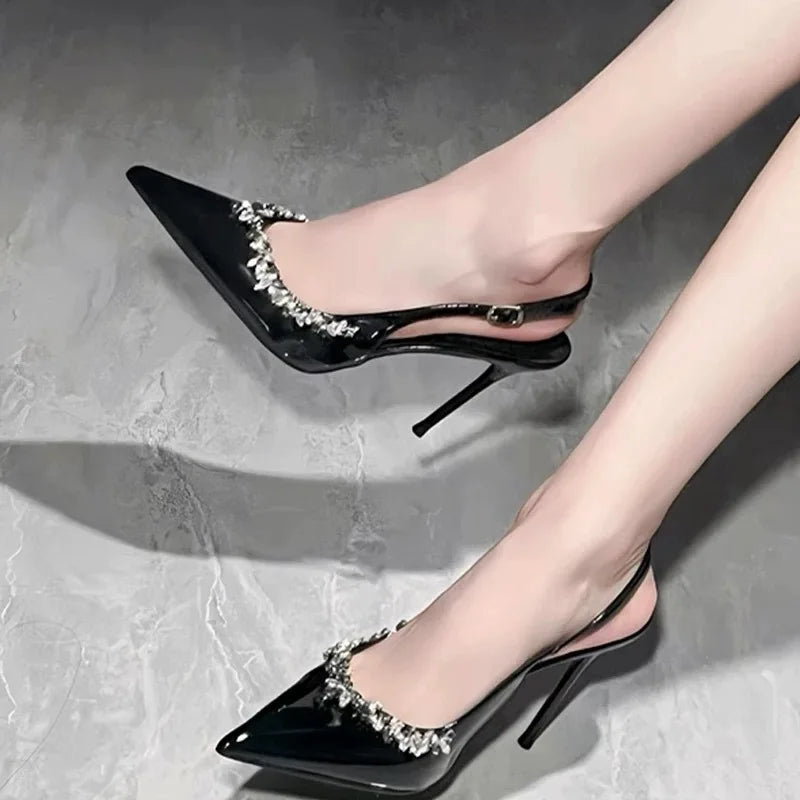 Women Fashion HeelsSummer New Rhinestone Buckle Strap Luxury High Heels Women Pointe Sexy Party Slim Heel Stripper Heels