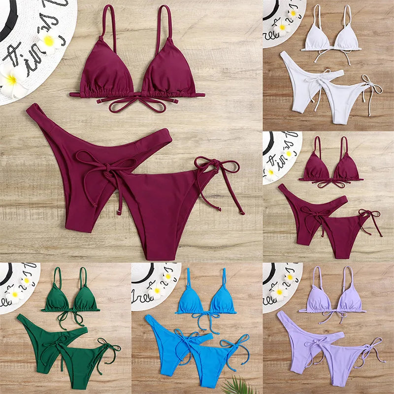 Sexy 3 Piece Bikini Set Women Solid Blue Purple Push Up Bandage Triangle Swimsuit Brazilian Beach Bathing Suit Swumwear Biquini