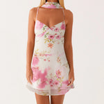 Women Fashion Floral Print/Solid Color Sleeveless Back Bandage Cami Dresses Summer Backless Mini Dress with Choker Scarf