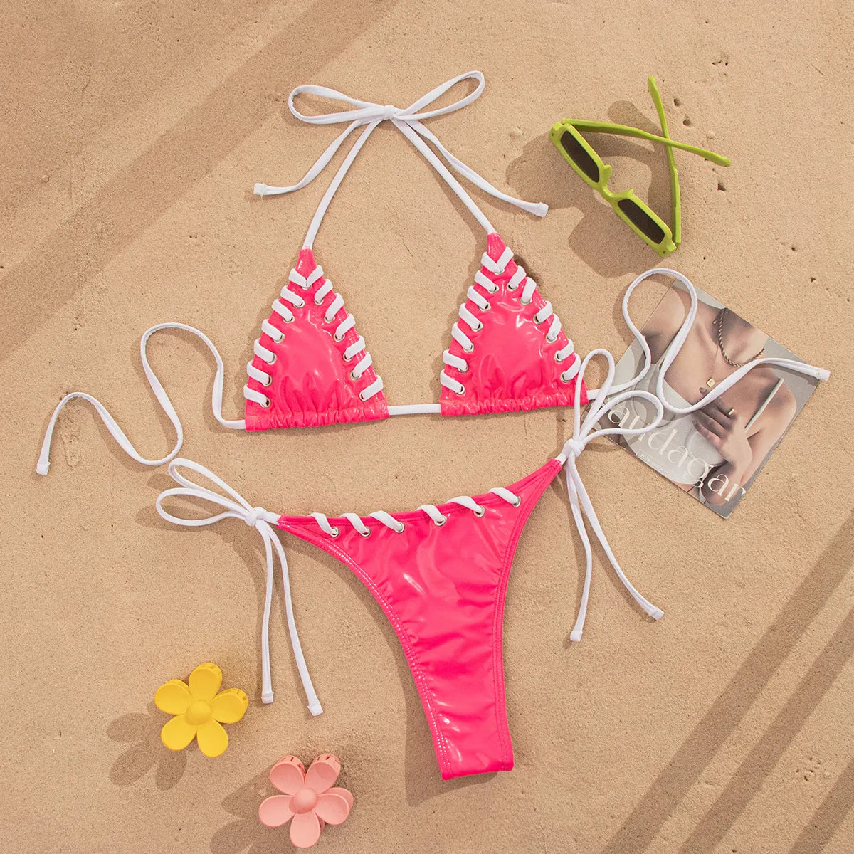 Sexy Pink Contrast Micro Bikini 2026 Mujer Women Braiding Rope Bandage Push Up Bra Triangle Swimsuit Beach Bathing Suit Swimwear