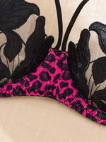 Sweet and cool rose-pink leopard print floral embroidery lingerie set - Hot girl style mesh 3/4 cupped bra thong set ZA825183