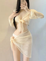 New Korean Push Up Bikinis Sets Solid Beige Long Sleeve Cover Up Mesh Skirt 4 Piece Swimsuit Beach Holiday Bathing Suit Swimwear