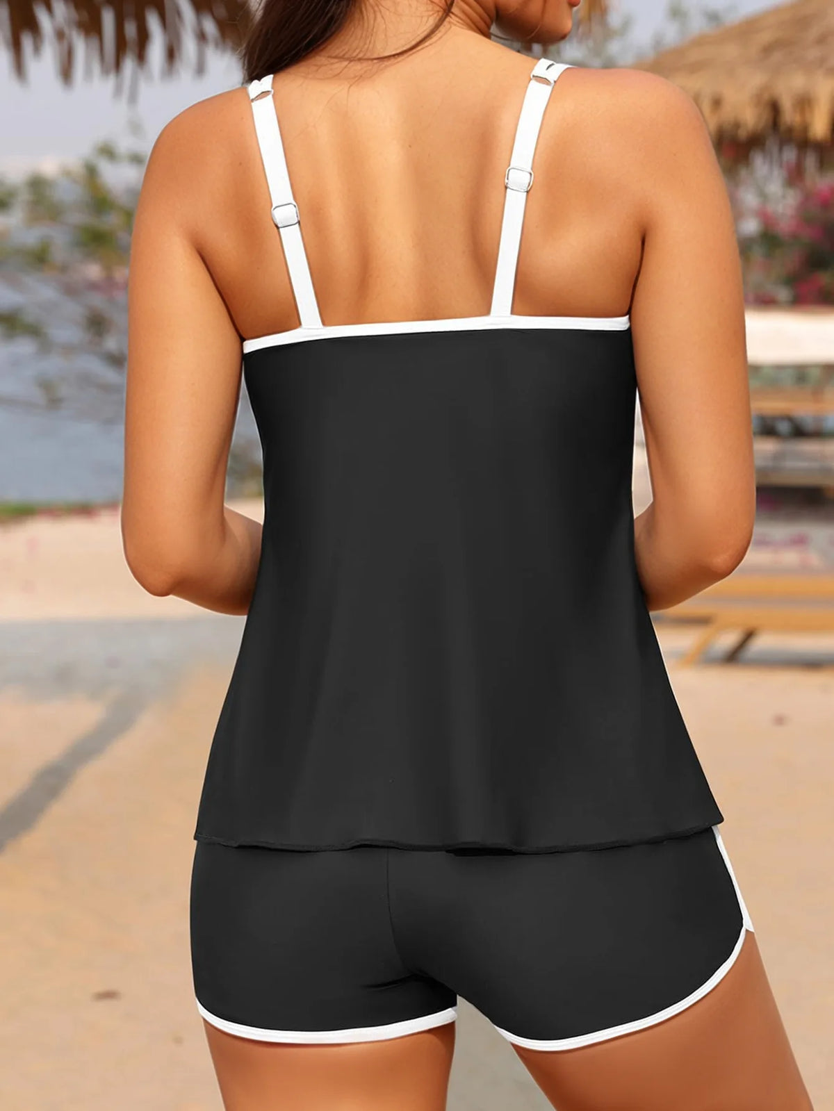 Black White Patchwork Tankini Set Swimwear Women 2026 Double Strap Push Up Tank Top High Waist Pocket Short Two Piece Swimsuit