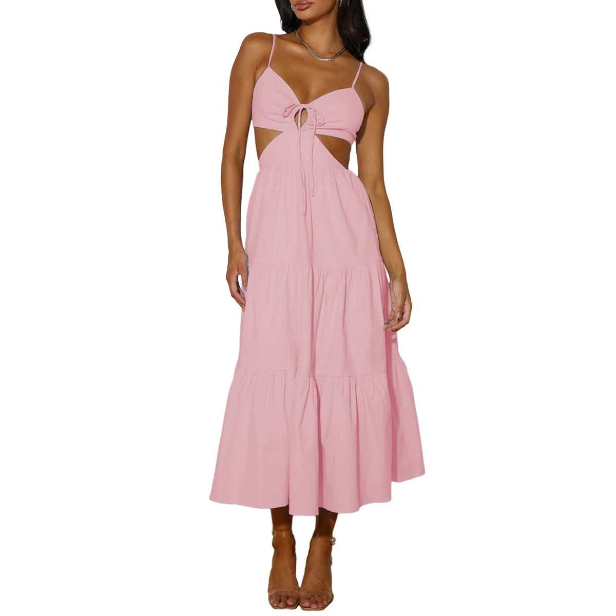 Spaghetti Strap Vacation Long Dress For Women Summer 2025 Fashion Elegant Sleeveless Backless Hollow Out Vestidos Party Dresses