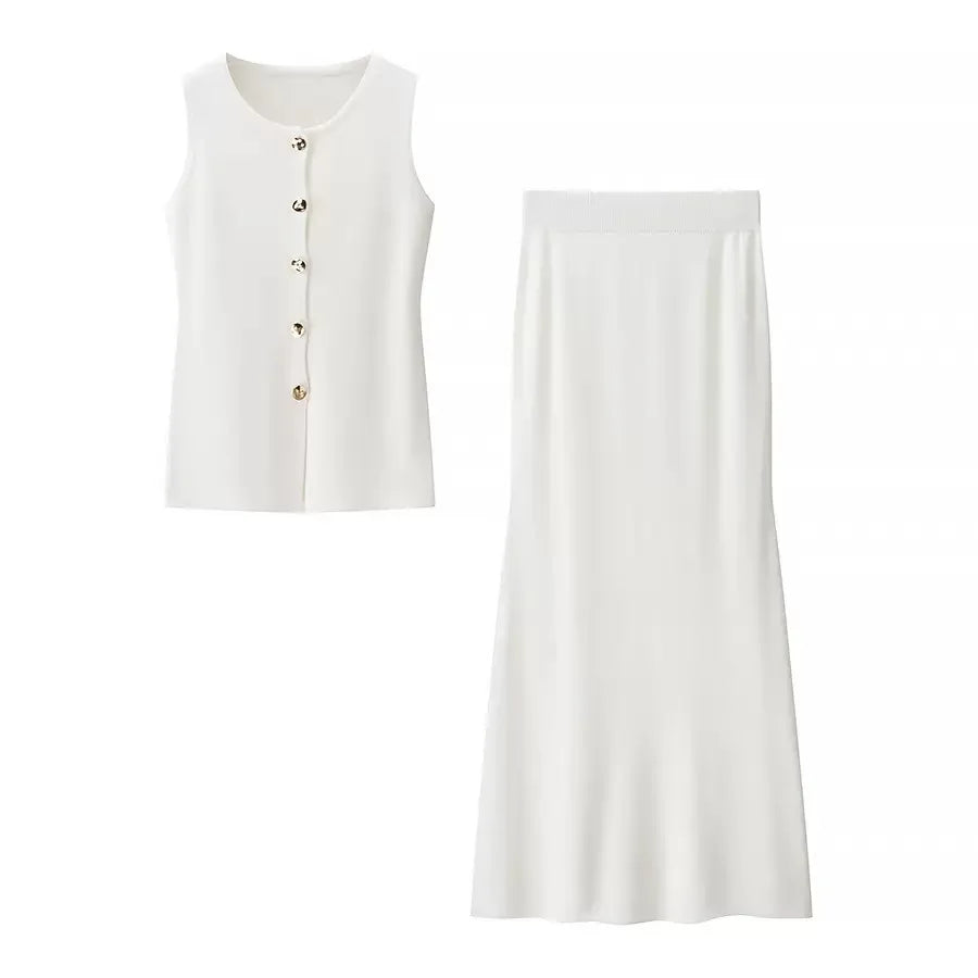 Simple Style Two Piece Set Woman New In Matching Sets Two Piece Outfits Sleeveless Tops Skirts Solid Color Temperament Commuting