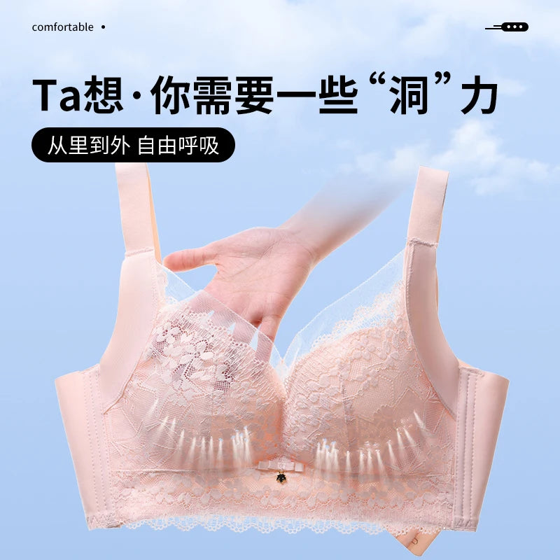 Spring And Summer New Five-breasted Thin Hole Cup Breathable Bra Without Underwire, Breast-proof Sagging Underwear Looks Thin Bh