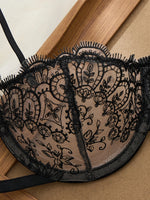 Pure black lace strap lingerie set - Sexy mature style net fabric embroidery 3/4 cup shaping bra thong set ZA825201