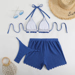 Sexy Purple Thong Bikini with Shorts Women Three Pieces Swimsuit Brazilian Swimwear Female Beachwear Halter Bathing Suit Outfit