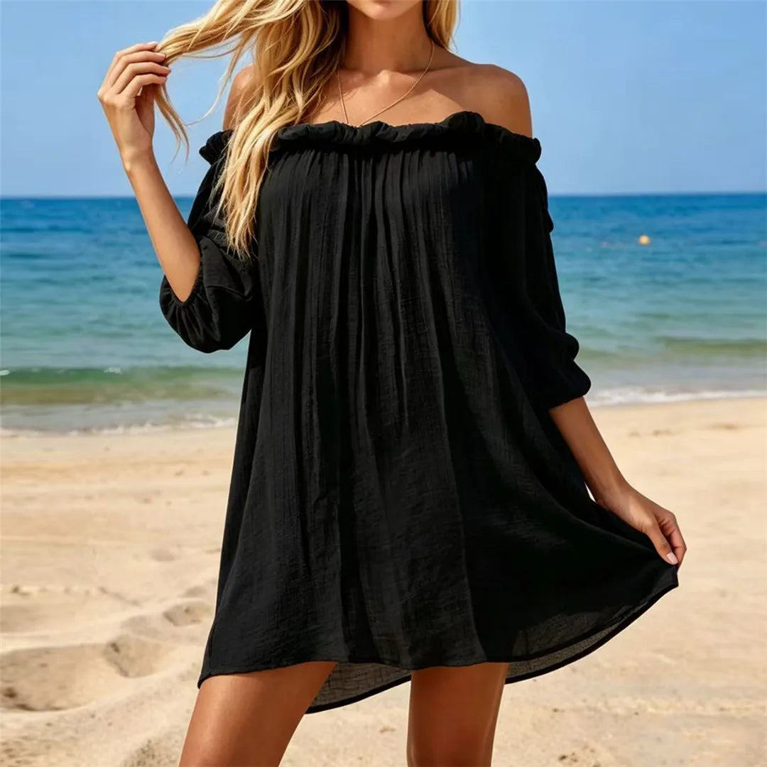 New White Long Sleeve Cut Out Crochet Knitted Tunic Beach Cover Up Beach Wear Beachwear Female Women Cover-ups Beach Dress K8075