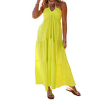 Women Summer Halter Neck Dress Sleeveless Backless Ruffle Hem Flowy Solid Color Dress for Party Beach Club Streetwear Casual