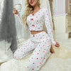 Autumn Winter Women Pajamas Set Sexy Heart Print Loungewear V Neck Long Sleeve Crop Top 2 Piece Outfit Ribbed Knit Homewear