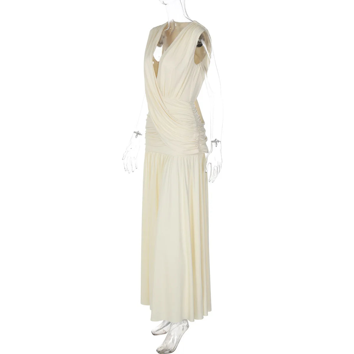 FDYOUI Womens Chic V-neck Sleeveless Pleated Long Maxi Holiday Dress Ladies Summer High Waist Tunics Solid Evening Party Dresses